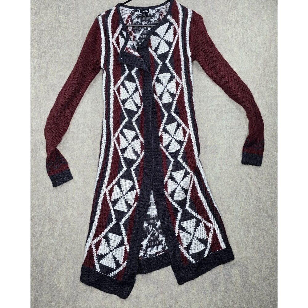 Rue21 Tribal Pattern Open Front Long Cardigan Burgundy Gray Acrylic Knit X-Small